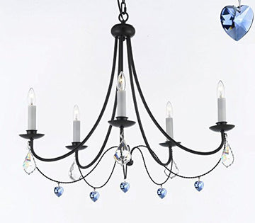 Empress Crystal (Tm) Wrought Iron Chandelier Chandeliers Lighting H.22.5" X W.26" With Blue Heart Crystals - J10-B85/B7/26031/5
