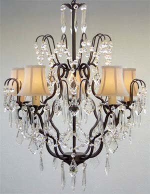 Swarovski Crystal Trimmed Chandelier Wrought Iron & Crystal Chandelier And White Shades H27" X W21" - J10-Whiteshades/C/26034/5 SW