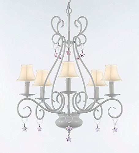 WROUGHT IRON CHANDELIER WITH PINK STARS With white Shades - P7-Sc/White/B38/441/5/Whiteshade