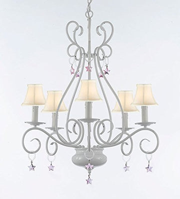 WROUGHT IRON CHANDELIER WITH PINK STARS With white Shades - P7-Sc/White/B38/441/5/Whiteshade