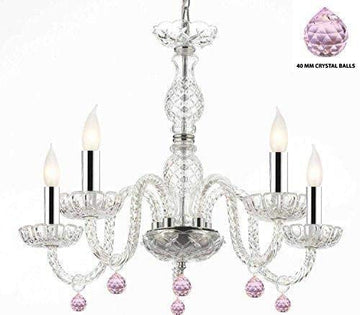 Murano Venetian Style Chandelier Lighting with Pink Crystal Balls W/Chrome Sleeves! H 25" W 24" - Perfect for Kid's and Girls Bedroom! - G46-B43/B76/B11/384/5