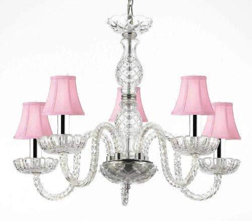 Murano Venetian Style Crystal Chandelier Lighting with Pink Shades W/Chrome Sleeves! H 25" W 24" - G46-B43/PINKSHADES/B11/384/5