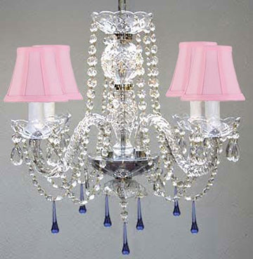 Murano Venetian Style All Crystal Chandelier Lighting W/ Blue Crystals H17" X W17" With Pink Shade - J10-Sc/Pinkshade/B33/26098/4