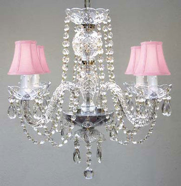All Crystal Chandelier With Pink Shades H17" X W17" - Go-J10-Pinkshades/26098/4