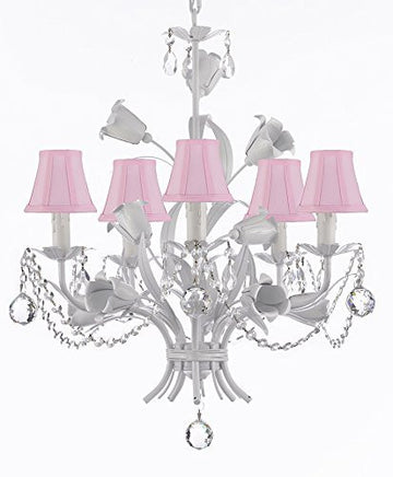 White Wrought Iron Floral Chandelier Empress Crystal (Tm) Flower Chandeliers Lighting H23" X W19" With Pink Shades - J10-Sc/Pinkshade/B6/B52/White/325/5