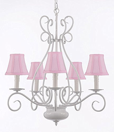 White Wrought Iron Tole Chandeliers Lighting W/ Pink Shades H 25.5" X W 25.5" - A7-Sc/Pinkshade/White/441/5