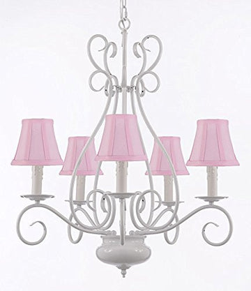 White Wrought Iron Tole Chandeliers Lighting W/ Pink Shades H 25.5" X W 25.5" - A7-Sc/Pinkshade/White/441/5