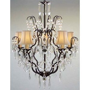 New Wrought Iron & Crystal Chandelier With White Shades H27" X W21" - J10-Whiteshades/C/Black/26034/5