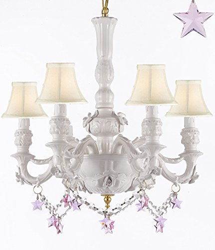 Authentic Capodimonte White Porcelain Chandelier Lighting Chandeliers Made in Italy, Good for Dining Room, Kids & Girls Bedrooms w/ Roses & Flowers Speciality item, W/ Pink Stars Crystals and White Shades - GB102-SC/WHITESHADE/B52/B38/WHITE/435/6