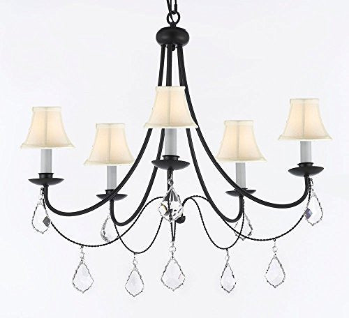 Empress Crystal (Tm) Wrought Iron Chandelier Lighting H.22.5" X W.26" With White Shades Swag Plug In-Chandelier W/ 14' Feet Of Hanging Chain And Wire - J10-B16/Sc/Whiteshades/B7/26031/5