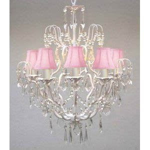 Swarovski Crystal Trimmed Chandelier New Wrought Iron & Crystal Chandelier With Pink Shades H27" X W21" - J10-Pinkshades/C/White/26025/5 Sw