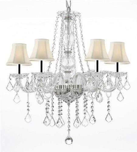 Swarovski Crystal Trimmed Chandelier! Crystal Chandelier Chandeliers Lighting with White Shades w/Chrome Sleeves H25" X W24" - G46-B43/WHITESHADES/B26/384/5 SW