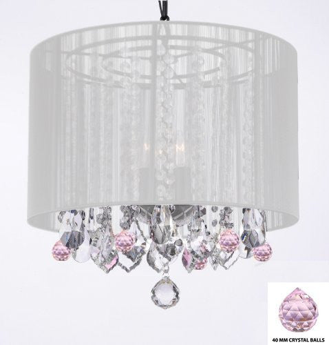 Crystal Chandelier Chandeliers With Large White Shade And Pink Crystal Balls H15" X W15" - Perfect For Kids' And Girls Bedrooms - G7-B76/White/26028/3