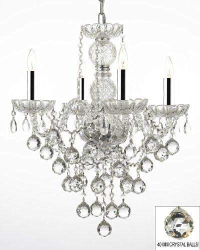 Swarovski Crystal Trimmed Chandelier! New! Authentic All Crystal Chandelier Chandeliers Lighting W/ 40MM Crystal Balls w/Chrome Sleeves! H22" X W17" - J10-B43/B6/3/26098/4 SW