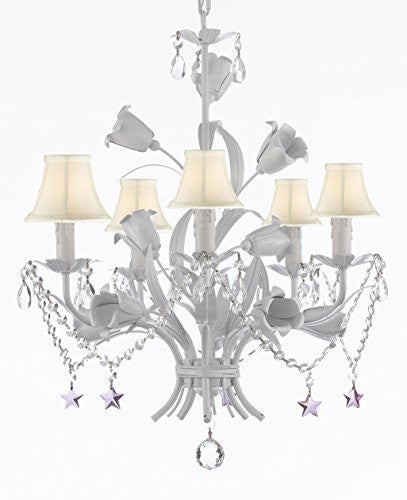 White Wrought Iron Floral Chandelier Empress Crystal (Tm) Flower Chandeliers Lighting H23" X W19" With Shades - J10-Sc/Whiteshade/B51/B52/White/325/5