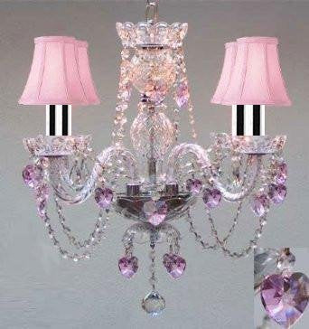 Chandelier Lighting W/Crystal Pink Shades & Hearts W/Chrome Sleeves! H 17" - Perfect for Kid's and Girls Bedroom! W 17" - J10-B43/B23/PINKSHADES/26098/4