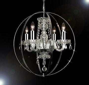 Swarovski Crystal Trimmed Chandelier! Spherical ORB Crystal Chandelier Lighting W/Chrome Sleeves H 23" W 23" - GO-B43/J10-B66/26098/4SW