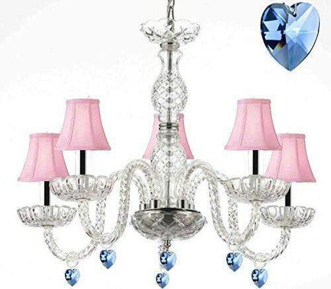 Murano Venetian Style Chandelier Lighting with Blue Crystal Hearts and Pink Shades W/Chrome Sleeves! H 25" W 24" - Perfect for Kid's and Girls BEDROOMS! - G46-B43/PINKSHADES/B85/B11/384/5