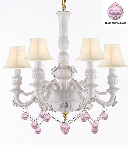 Authentic Capodimonte White Porcelain Chandelier Lighting Chandeliers Made in Italy w/ Roses & Flowers Speciality item, Limited Stock Available W/ Pink Balls Crystals and White Shades - GB102-SC/WHITESHADE/B52/B76/WHITE/435/6
