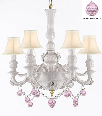Authentic Capodimonte White Porcelain Chandelier Lighting Chandeliers Made in Italy w/ Roses & Flowers Speciality item, Limited Stock Available W/ Pink Balls Crystals and White Shades - GB102-SC/WHITESHADE/B52/B76/WHITE/435/6