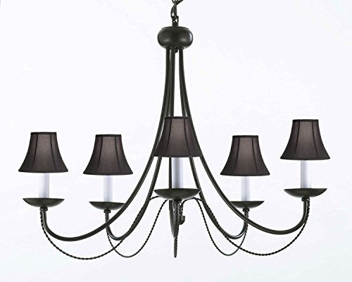Wrought Iron Chandelier Lighting With Black Shades H22" X W26" Swag Plug In-Chandelier W/ 14' Feet Of Hanging Chain And Wire - J10-Blackshades/B16/26031/5