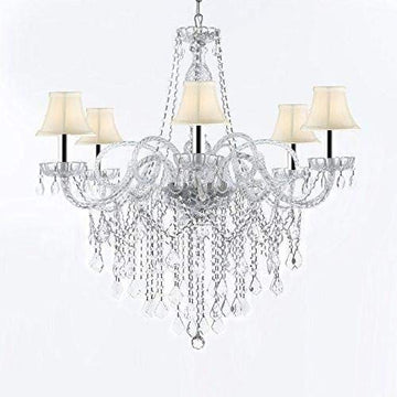 Murano Venetian Style All-Crystal Chandelier Chandeliers with White Shades W/Chrome Sleeves H38" X W32" - G46-B43/SC/WHITESHADES/B12/B67/385/6