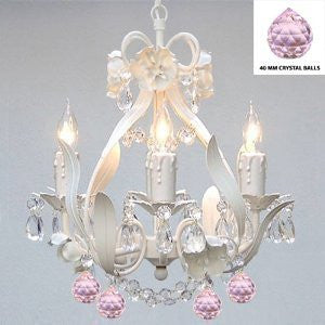 White Iron Crystal Flower Chandelier Lighting W/ Pink Crystal BallsSwag Plug In-Chandelier W/ 14' Feet Of Hanging Chain And Wire - Perfect For Kid'S And Girls Bedroom - J10-B17/B76/White/26027/4