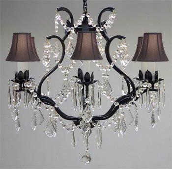 Swarovski Crystal Trimmed Chandelier Wrought Iron Crystal Chandelier Lighting H 19" W 20" - With Black Shades - A83-Blackshades/3530/6 Sw