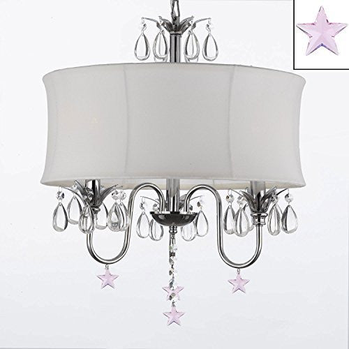 Crystal Chandelier With Large White Shade And Pink Crystal Stars W18" H 22" - J10-B38/White/26033/3