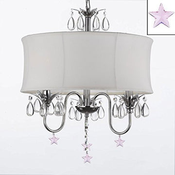 Crystal Chandelier With Large White Shade And Pink Crystal Stars W18" H 22" - J10-B38/White/26033/3