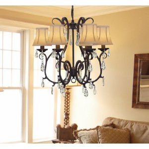 New Wrought Iron Crystal Chandelier With Shades H21" x W22" SWAG PLUG IN-CHANDELIER W/ 14' FEET OF HANGING CHAIN AND WIRE - A7-B16/CLEAR/406/6