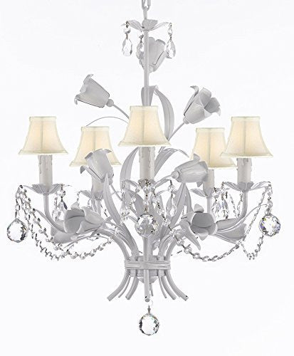 White Wrought Iron Floral Chandelier Empress Crystal (Tm) Flower Chandeliers Lighting H23" X W19" With White Shades - J10-Sc/Whiteshade/B6/B52/White/325/5