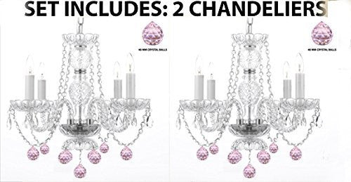 Set Of 2 - Chandeliers Lighting W/ Crystal Pink Balls H 17 - 2Ea J10-B76/26098/4