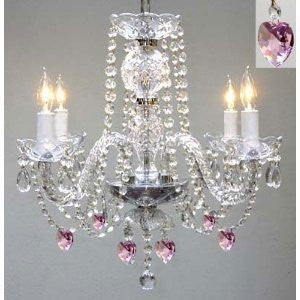 Chandelier Lighting W/ Crystal Pink Hearts H 17" W17" Swag Plug In-Chandelier W/ 14' Feet Of Hanging Chain And Wire - Perfect For Kid'S And Girls Bedrooms - J10-B15/B21/26098/4