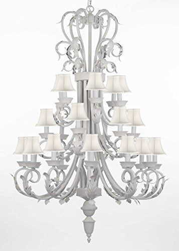 Foyer / Entryway White Wrought Iron Chandelier 50" Inches Tall With White Shades H50" X W30" - J10-WHITESHADES/WHITE/26015/24
