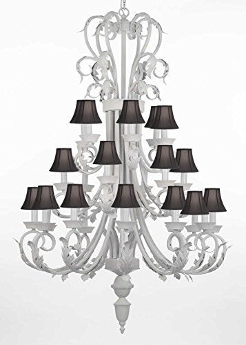 Foyer / Entryway White Wrought Iron Chandelier 50" Inches Tall With Black Shades H50" X W30" - J10-BLACKSHADES/WHITE/26015/24