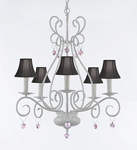 Wrought Iron Chandelier With Pink Hearts With Black Shades - P7-Sc/White/B21/441/5/Blackshade