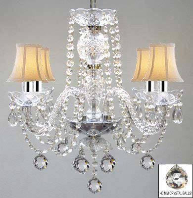 Swarovski Crystal Trimmed Chandelier! Murano Venetian Style All Crystal Chandelier W/Crystal Balls And White Shades w/Chrome Sleeves! - J10-B43/B6/WHITESHADES/26098/4 SW