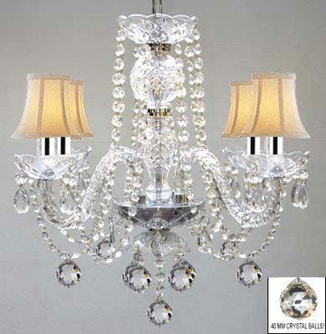 Swarovski Crystal Trimmed Chandelier! Murano Venetian Style All Crystal Chandelier W/Crystal Balls And White Shades w/Chrome Sleeves! - J10-B43/B6/WHITESHADES/26098/4 SW