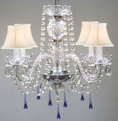 Murano Venetian Style All Crystal Chandelier Lighting W/ Blue Crystals H17" X W17" With White Shade - J10-Sc/Whiteshade/B33/26098/4