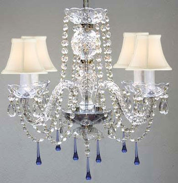 Murano Venetian Style All Crystal Chandelier Lighting W/ Blue Crystals H17" X W17" With White Shade - J10-Sc/Whiteshade/B33/26098/4