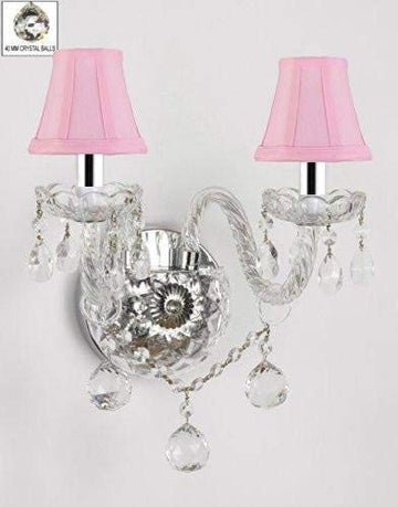 Swarovski Crystal Trimmed Wall Sconce! Murano Venetian Style All-Crystal Wall Sconce with Crystal Balls and - with Pink Shades & w/Chrome Sleeves! - G46-B43/PINKSHADES/B6/2/386 SW