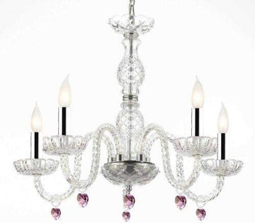 Murano Venetian Style Chandelier Lighting with Pink Crystal Hearts W/Chrome Sleeves! H 25" W 24" - Perfect for Kid's and Girls Bedroom! - G46-B43/B21/B11/384/5
