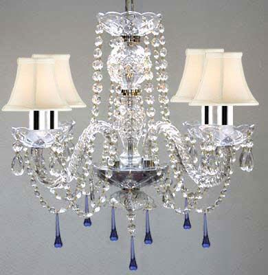 Murano Venetian Style All Crystal Chandelier Lighting W/Blue Crystals w/Chrome Sleeves H17" x W17" With White Shade - J10-B43/SC/WHITESHADE/B33/26098/4