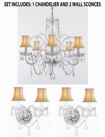 Three Piece Lighting Set - Crystal Chandelier And 2 Wall Sconces With White Shades - 1Ea Sc/385/5 + 2Ea Sc/B12/2/386