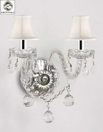 Swarovski Crystal Trimmed Wall Sconce! Murano Venetian Style All-Crystal Wall Sconce with Crystal Balls and - with White Shades w/Chrome Sleeves - G46-B43/WHITESHADES/B6/2/386 SW