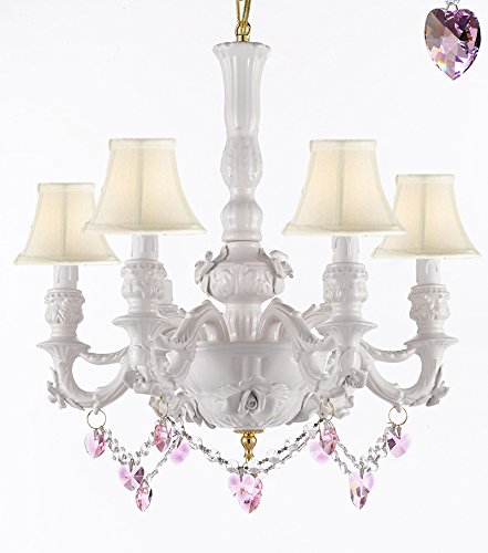 Authentic Capodimonte White Porcelain Chandelier Lighting Chandeliers Made in Italy, Good for Dining Room, Kids & Girls Bedrooms w/ Roses & Flowers Speciality item, W/ Pink Hearts Crystals and White Shades - GB102-SC/WHITESHADE/B52/B21/WHITE/435/6