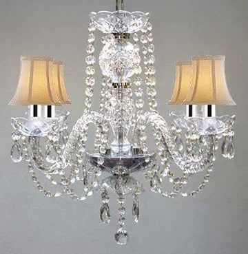 Swarovski Crystal Trimmed Chandelier! All Crystal Chandelier and White Shades w/Chrome Sleeves H17" W17" - J10-B43/WHITESHADES/26098/4SW