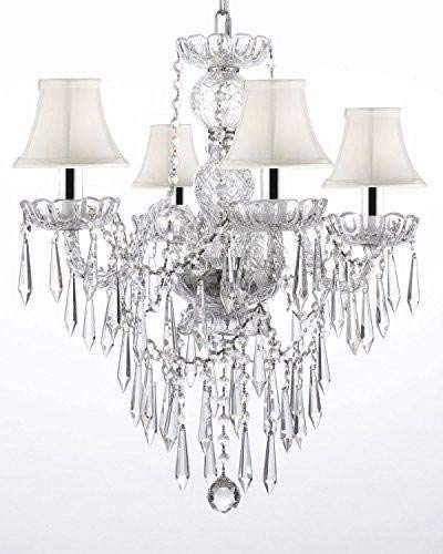 Authentic All Crystal Chandelier Chandeliers Lighting W/Crystal Icicles! and - with Shades w/Chrome Sleeves H22" x W17" - J10-B43/WHITESHADES/B27/3/26098/4