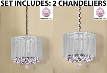 Set Of 2 - Crystal Chandeliers Chandelier With Large White Shade And Pink Crystal Balls H15 - 2Ea G7-B76/White/26028/3